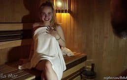 Curvy hottie fucking a stranger in a public sauna